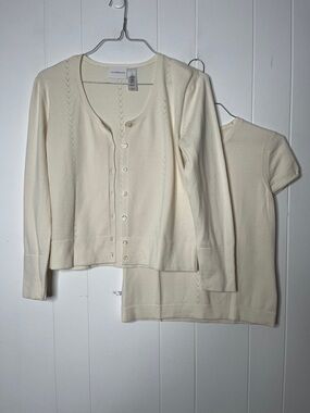 Liz Claiborne Cream Knit Cardigan Sweater Set Scoop Neck Button Front Size M
